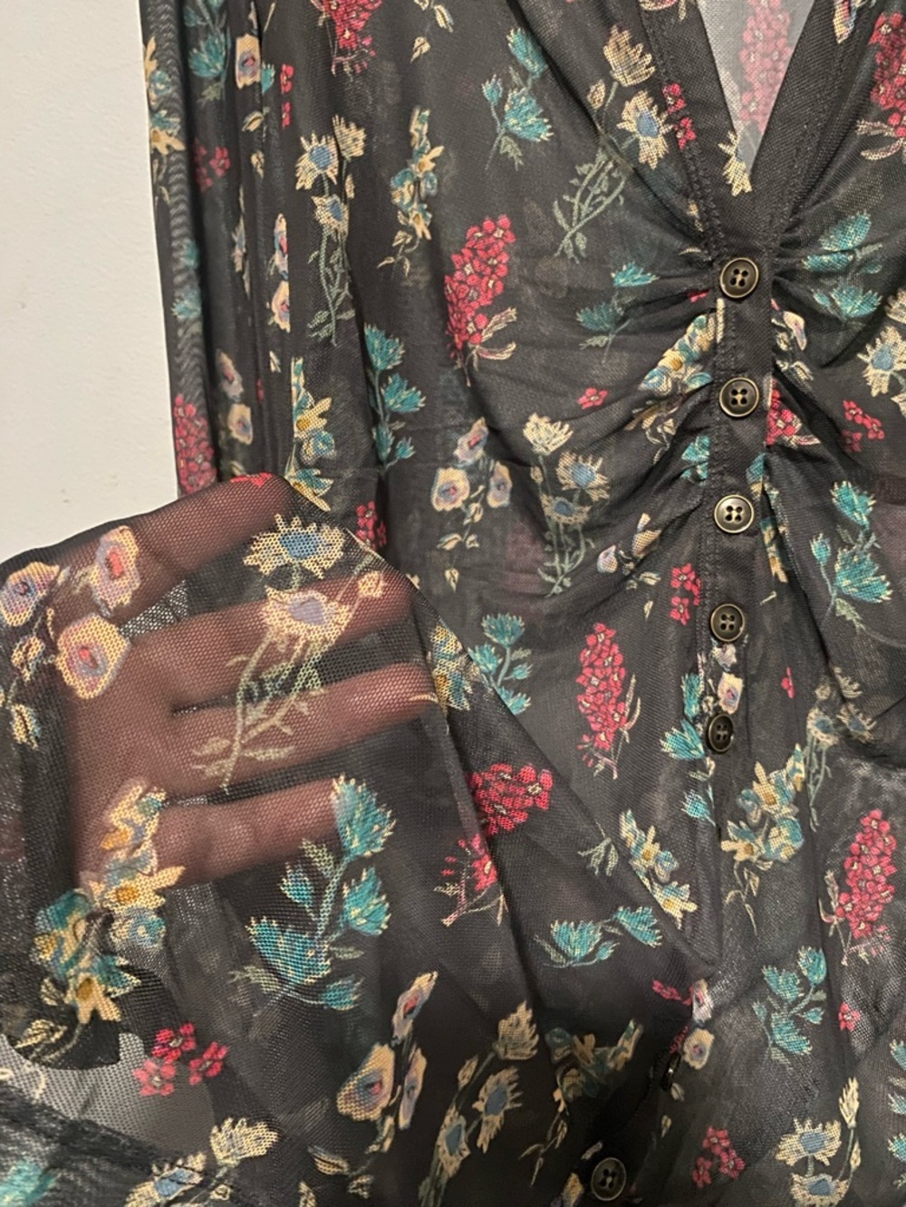Whimsigoth Cottage Ruched Natural Life Carina Sheer Floral Button Down XL Top - Picture 9 of 11